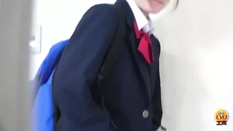 EE-706 05 Pee emergency by schoolgirls in line in front of the toilet