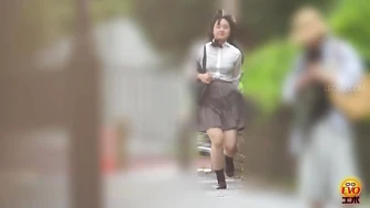 EE-793 05 Sudden urination urge on the way to school: schoolgirls rushing to the toilet with pre-pee drips.